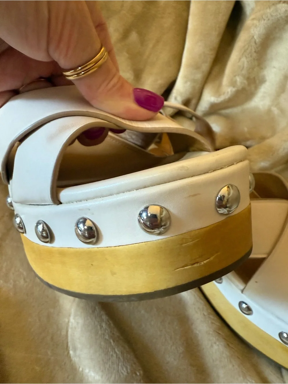 Coach Astor Cream Leather Wood Platform Sandal with Stud Accents